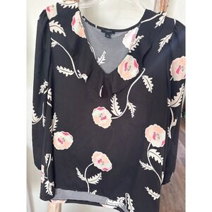 Ann Taylor‎ black floral print long sleeve ruffle neck blouse L light classic